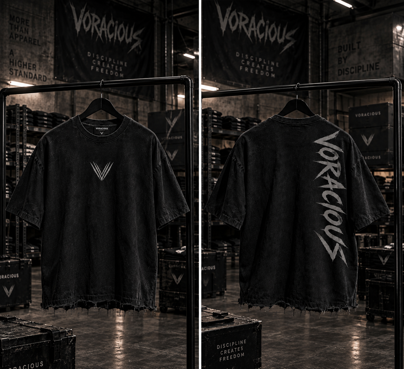 VORACIOUS heavyweight pump cover tee displayed on a garment rack